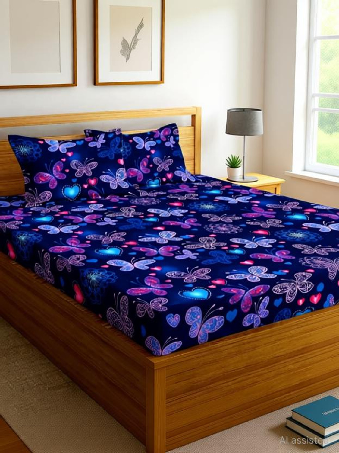 Image of LA MANTTA Cotton Blend King Fitted (Elastic) 250 TC Printed 1 Bedsheet (Pink)