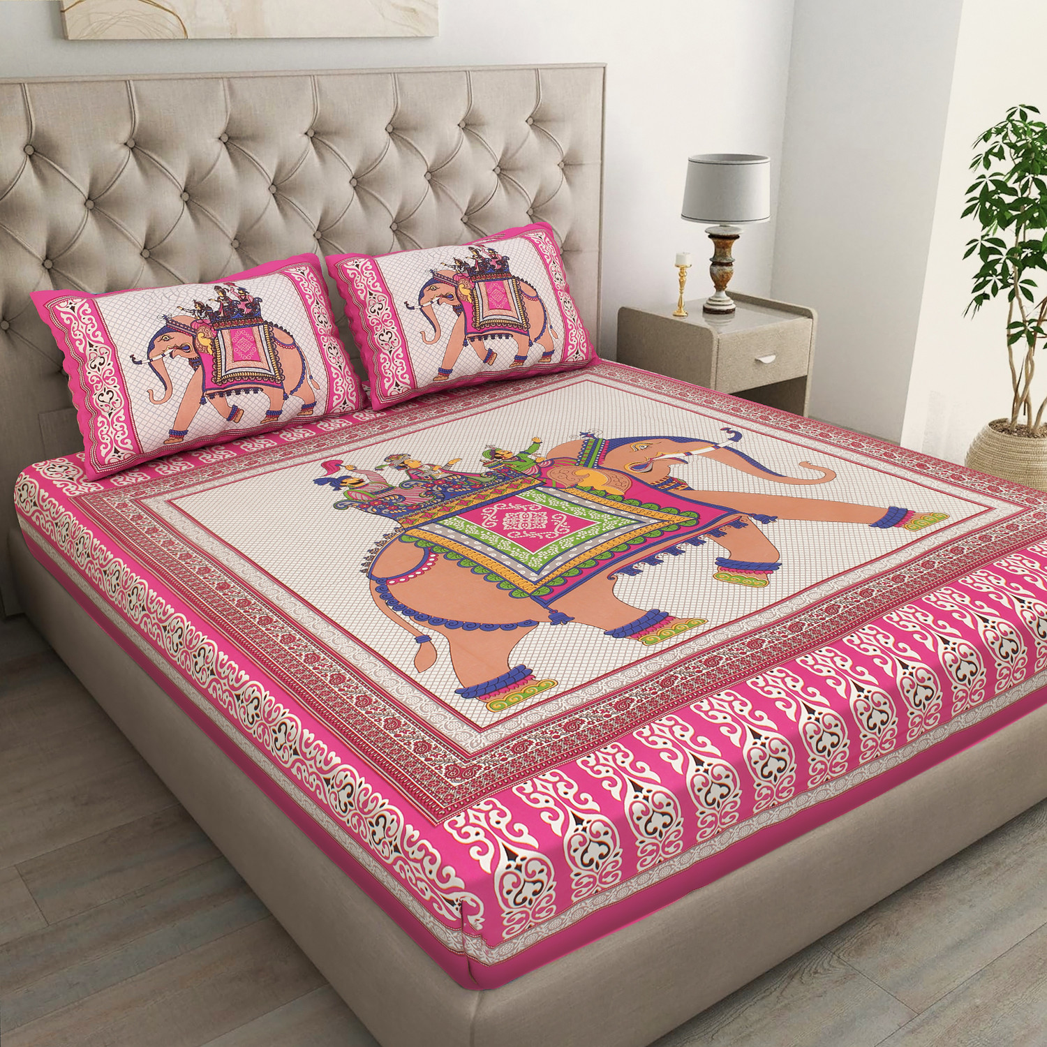 Image of LUMORA NEST Cotton Double Flat 300 TC Printed 1 Bedsheet with 2 Pillow Covers (Blue, Green)