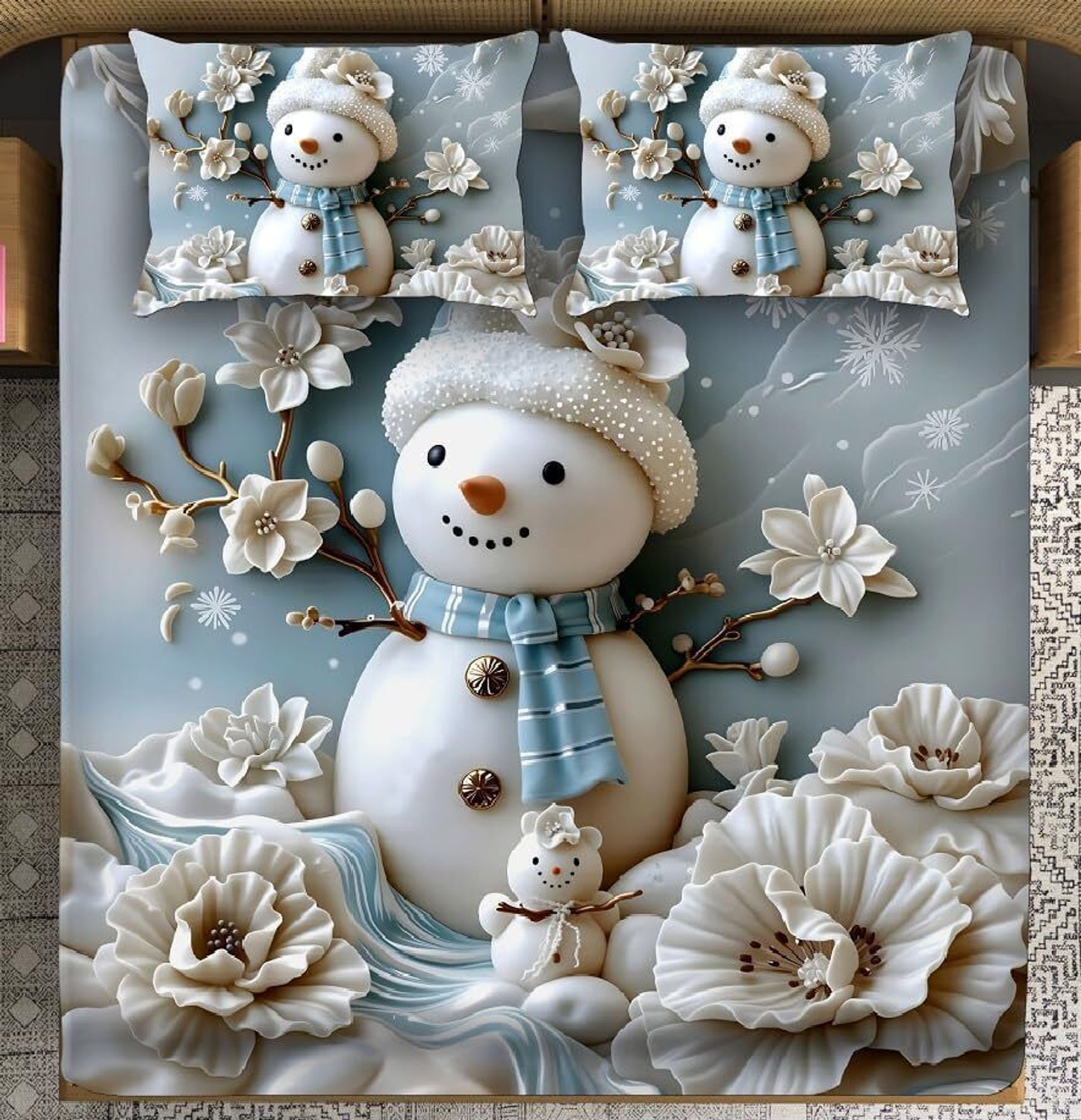 Image of DECORWELL Cotton King Flat 380 TC 3D Printed 1 Bedsheet with 2 Pillow Covers (Multicolor(Snow Man))