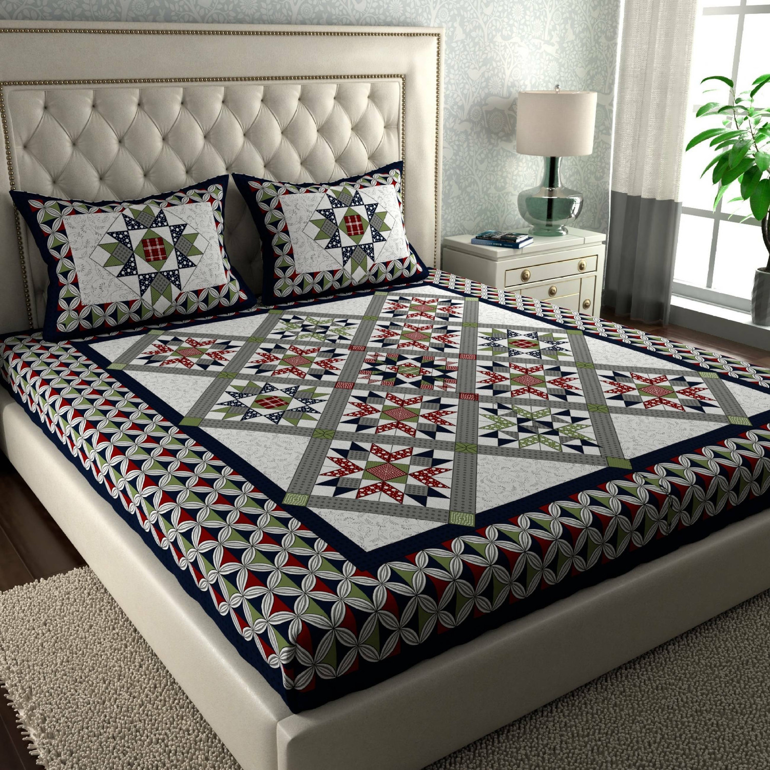 CLOTHOLOGY Cotton Double Flat 144 TC Printed Bedsheet with 2 Pillow - Image 1