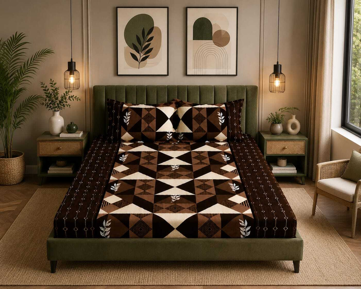 Image of DECORWELL Polycotton Double Fitted (Elastic) 390 TC Floral 1 AC Bedsheet with 2 Pillow Covers (Blue)