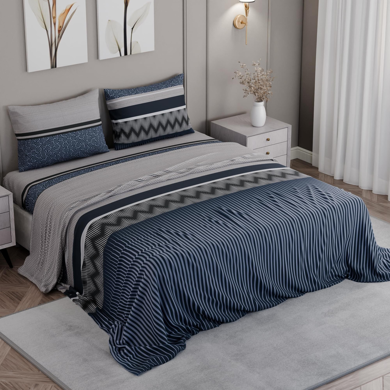 Image of Bunkin Polycotton Double Flat 220 TC 3D Printed 1 Bedsheet with 2 Pillow Covers, 2 Cushion Covers (5 PCS SET CLOSIC ZIGZAG)