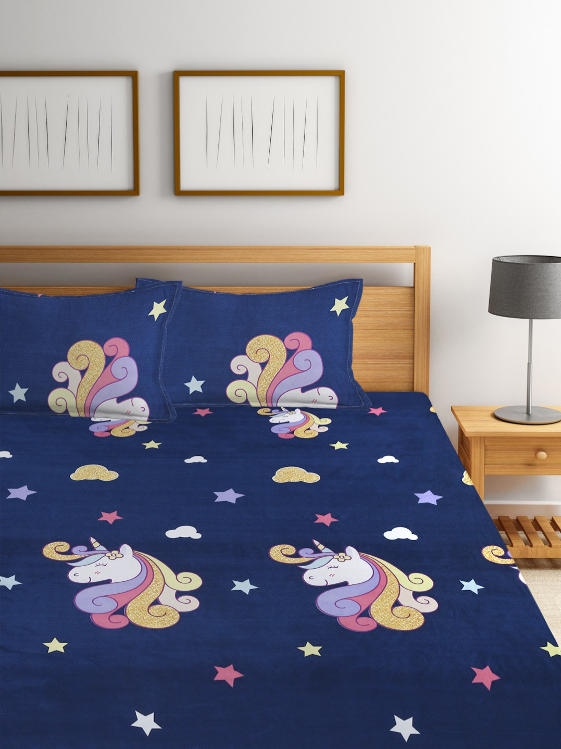 Image of Fabinaliv Polycotton King Flat 300 TC Printed 1 Bedsheet with 2 Pillow Covers (Dark Blue)