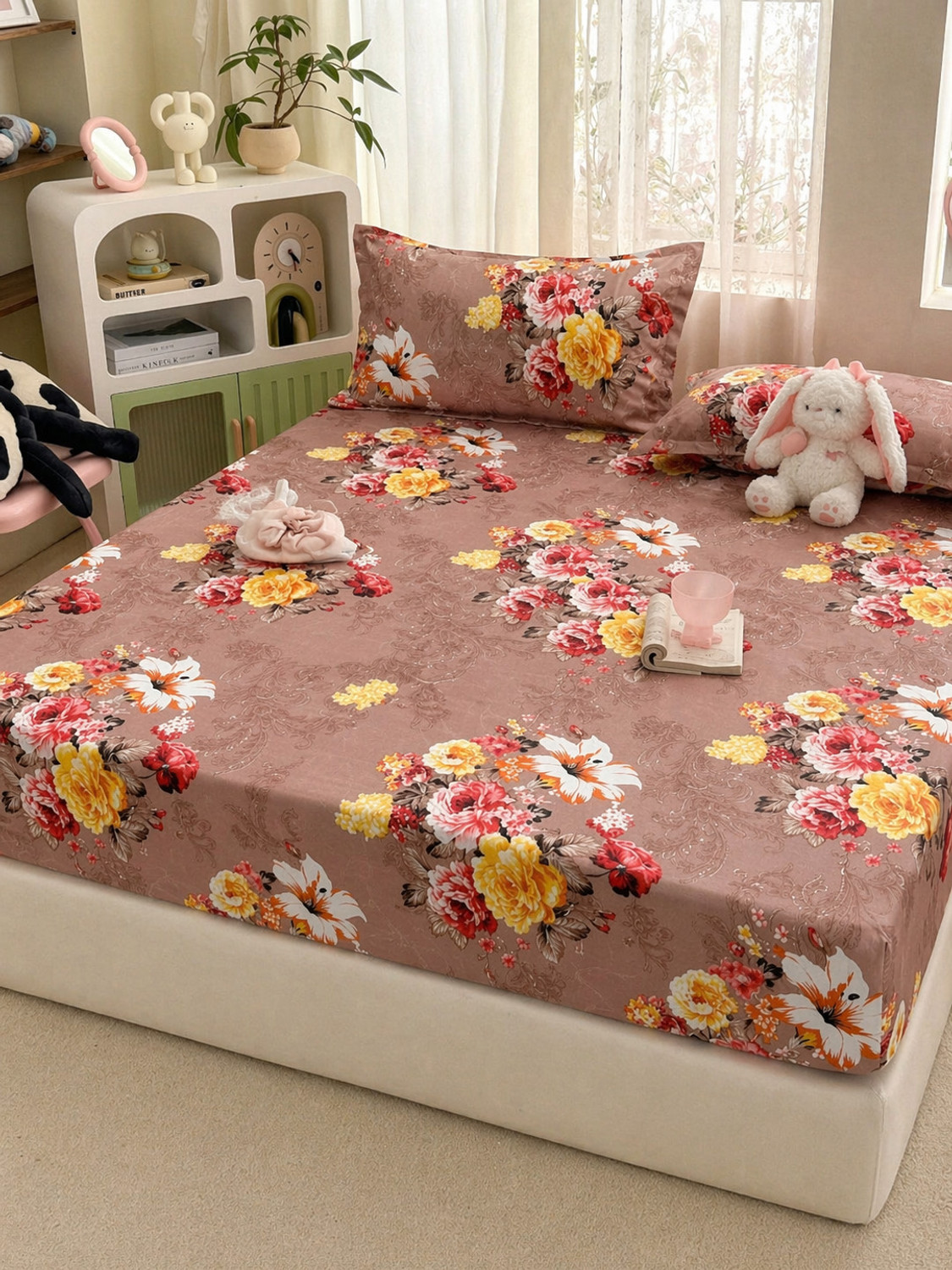 Image of PROZONE Cotton King Flat 280 TC Printed 1 Bedsheet (CREAM BEIGE)