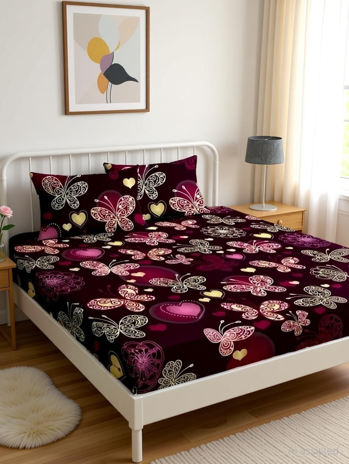 Image of Bunkin Polycotton Double Fitted (Elastic) 280 TC Printed 1 Bedsheet with 2 Pillow Covers (ROUNF CIRCLES)
