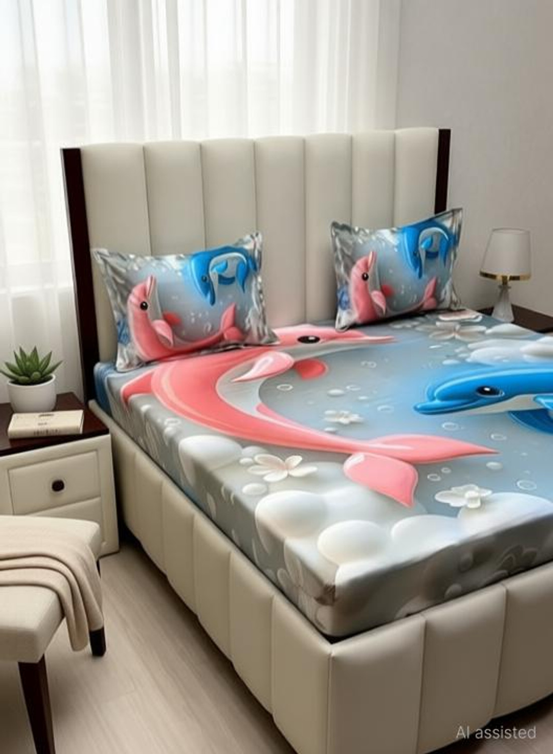 Image of DECORWELL Cotton King Flat 380 TC 3D Printed 1 Bedsheet with 2 Pillow Covers (Multicolor(Snow Man))