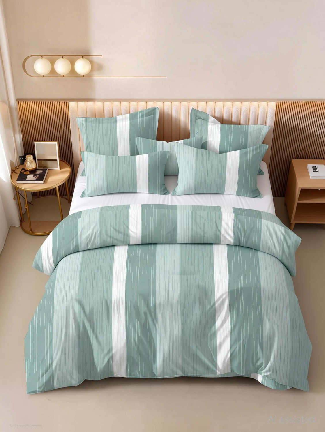 Image of Bunkin Polycotton Double Flat 220 TC 3D Printed 1 Bedsheet with 2 Pillow Covers, 2 Cushion Covers (5 PCS SET CLOSIC ZIGZAG)