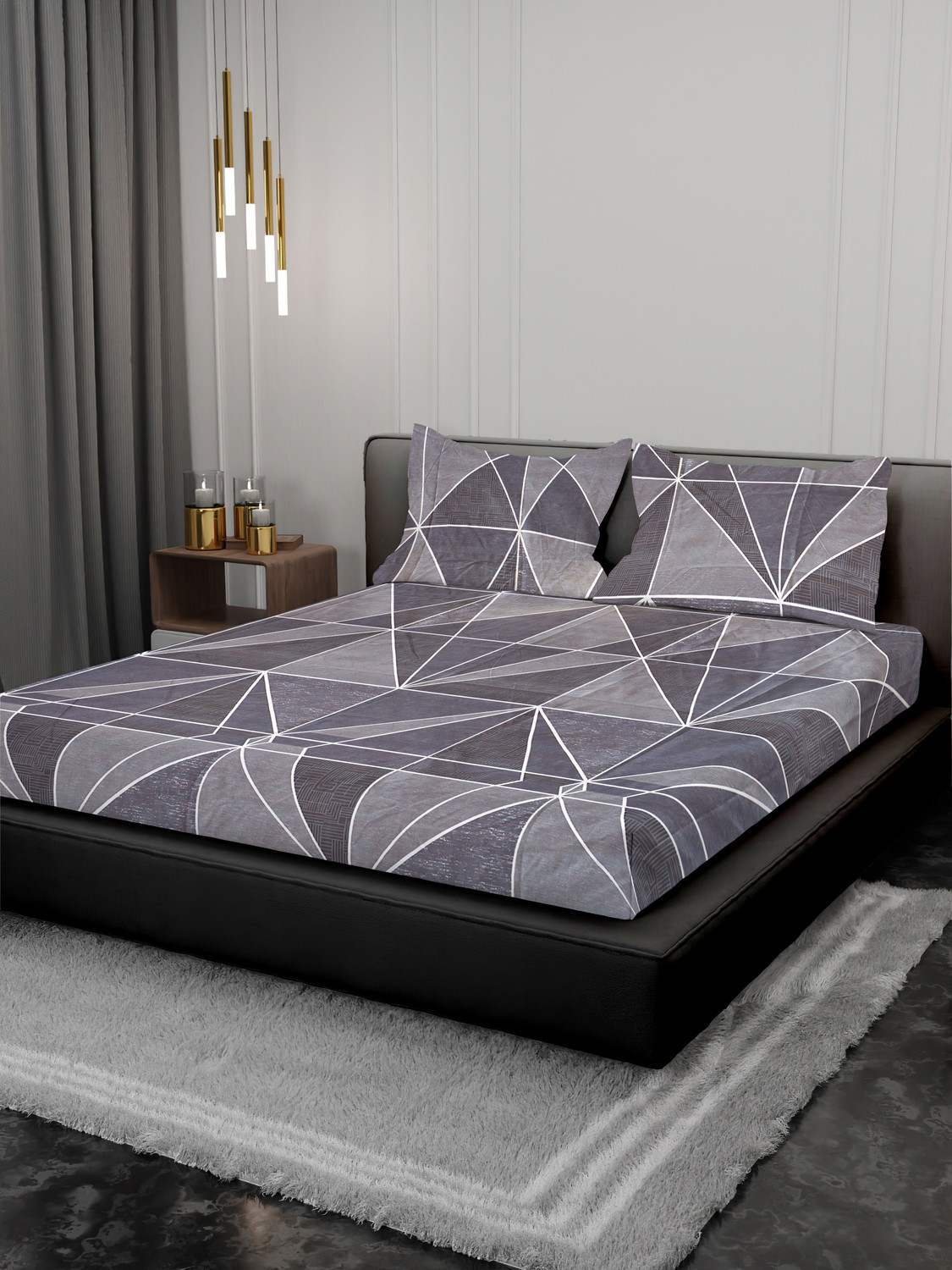 Image of KURRY HOME FURNISHING Cotton Super King Flat 250 TC Printed 1 Bedsheet with 2 Pillow Covers (Purple)