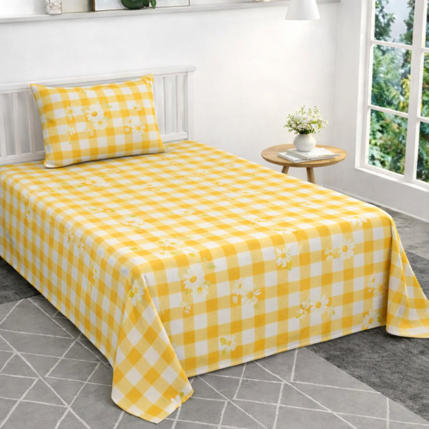 Image of N.V.A HOMES Polycotton Queen Flat 310 TC Checkered 1 Summer Bedsheet with 2 Pillow Covers (Multicolor)