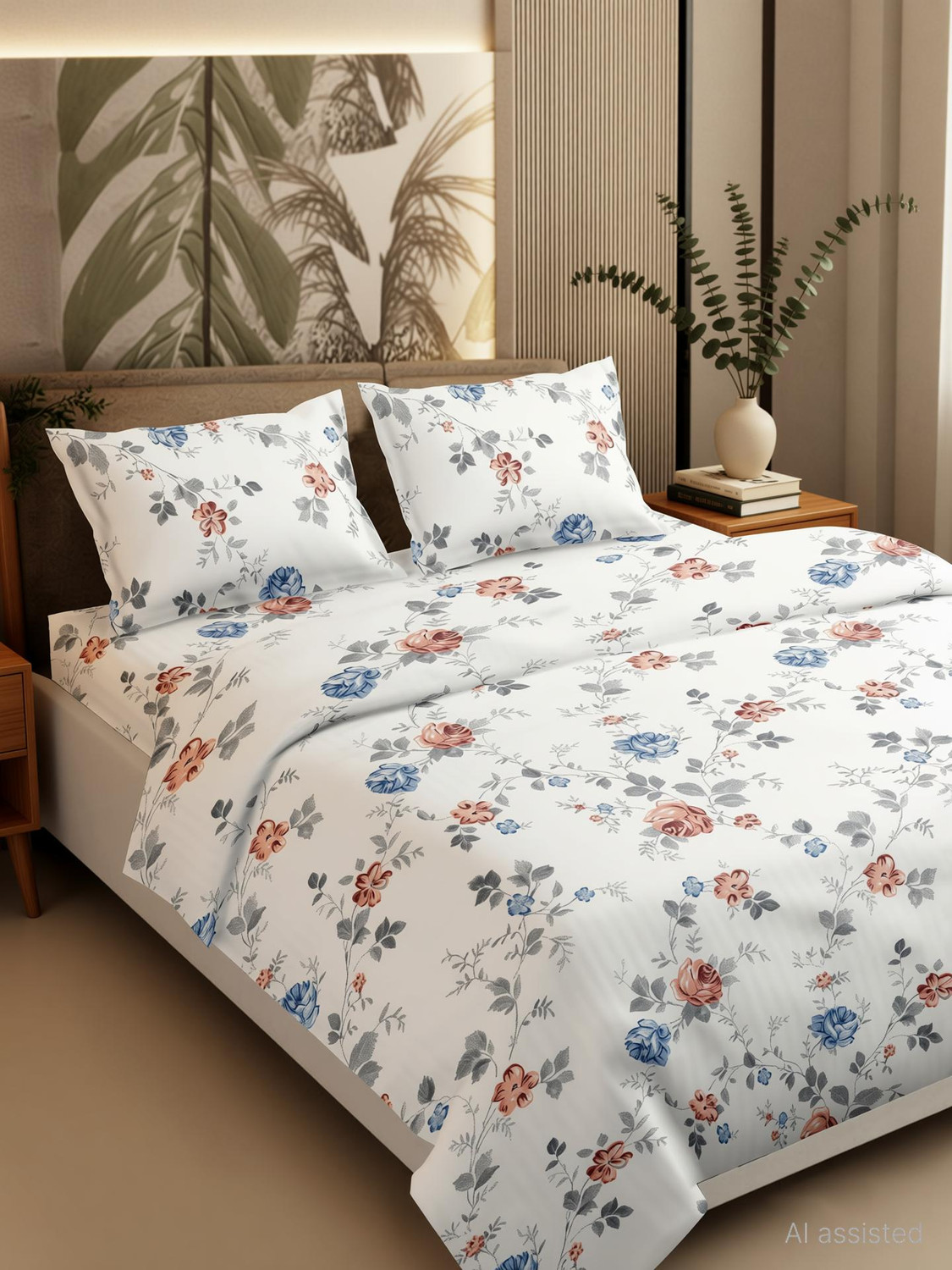 Image of haus & kinder Cotton Double Fitted (Elastic) 144 TC Printed 1 Bedsheet with 2 Pillow Covers (Nordic Palm)