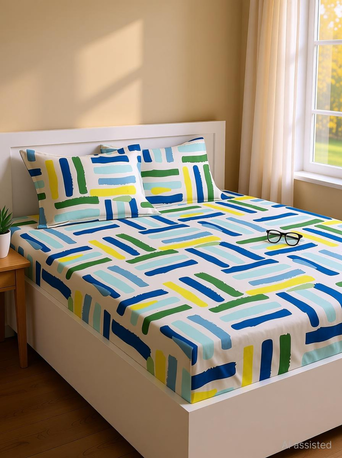 Image of LUMORA NEST Cotton Double Flat 300 TC Printed 1 Bedsheet with 2 Pillow Covers (Blue, Green)