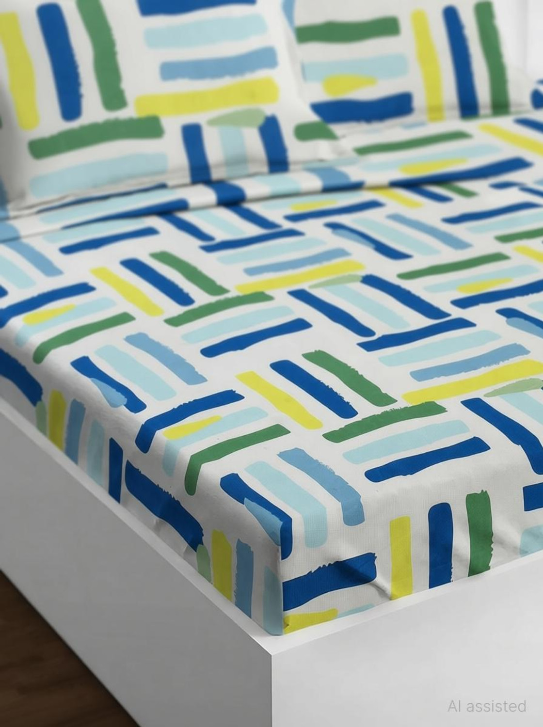 Image of LUMORA NEST Cotton Double Flat 300 TC Printed 1 Bedsheet with 2 Pillow Covers (Blue, Green)