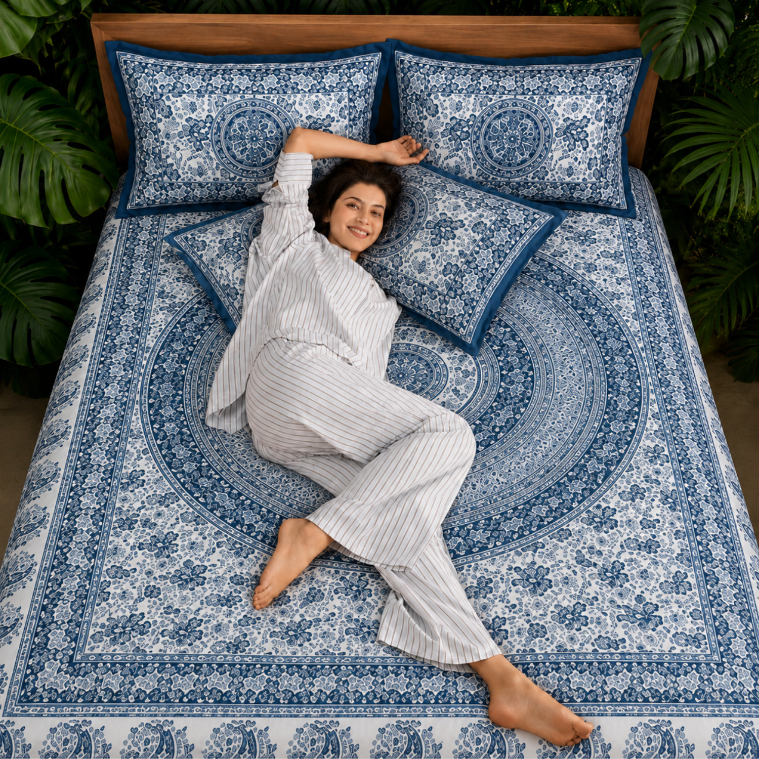 Image of KURRY HOME FURNISHING Microfiber Double Flat 250 TC Floral 1 AC Bedsheet with 2 Pillow Covers, 1 Cushion Covers (Royal Blue)