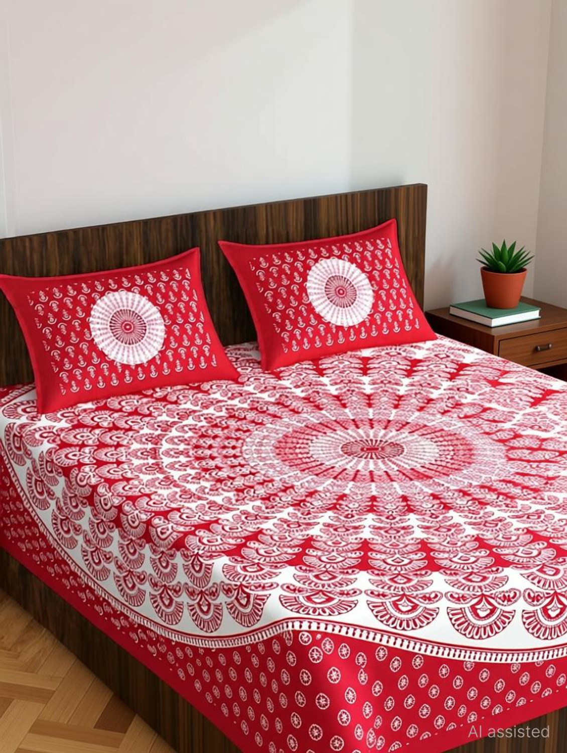 Image of Cosito Cotton Double Flat 144 TC Jaipuri Prints 1 Bedsheet with 2 Pillow Covers (Red)