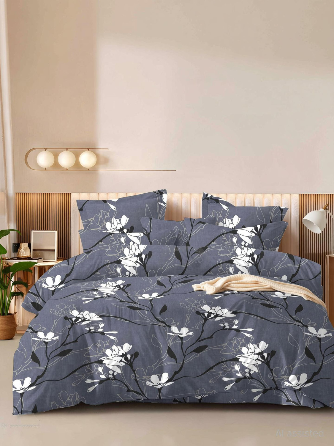 Image of Bunkin Polycotton Double Flat 220 TC 3D Printed 1 Bedsheet with 2 Pillow Covers, 2 Cushion Covers (5 PCS SET CLOSIC ZIGZAG)