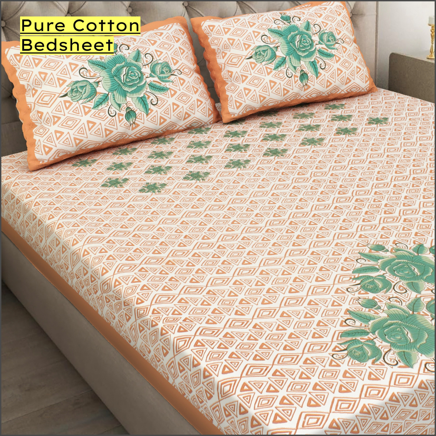 Image of haus & kinder Cotton Double Fitted (Elastic) 144 TC Printed 1 Bedsheet with 2 Pillow Covers (Nordic Palm)