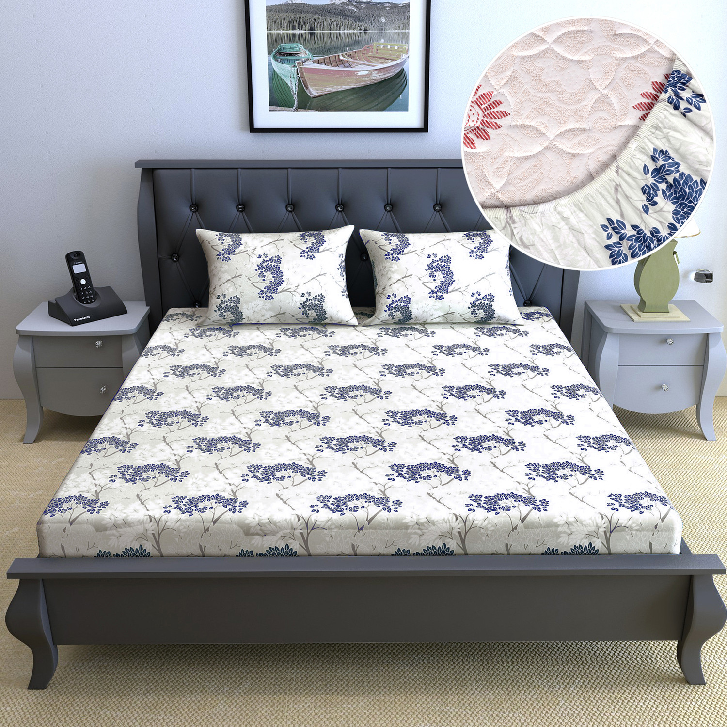 Image of haus & kinder Cotton Double Fitted (Elastic) 144 TC Printed 1 Bedsheet with 2 Pillow Covers (Nordic Palm)