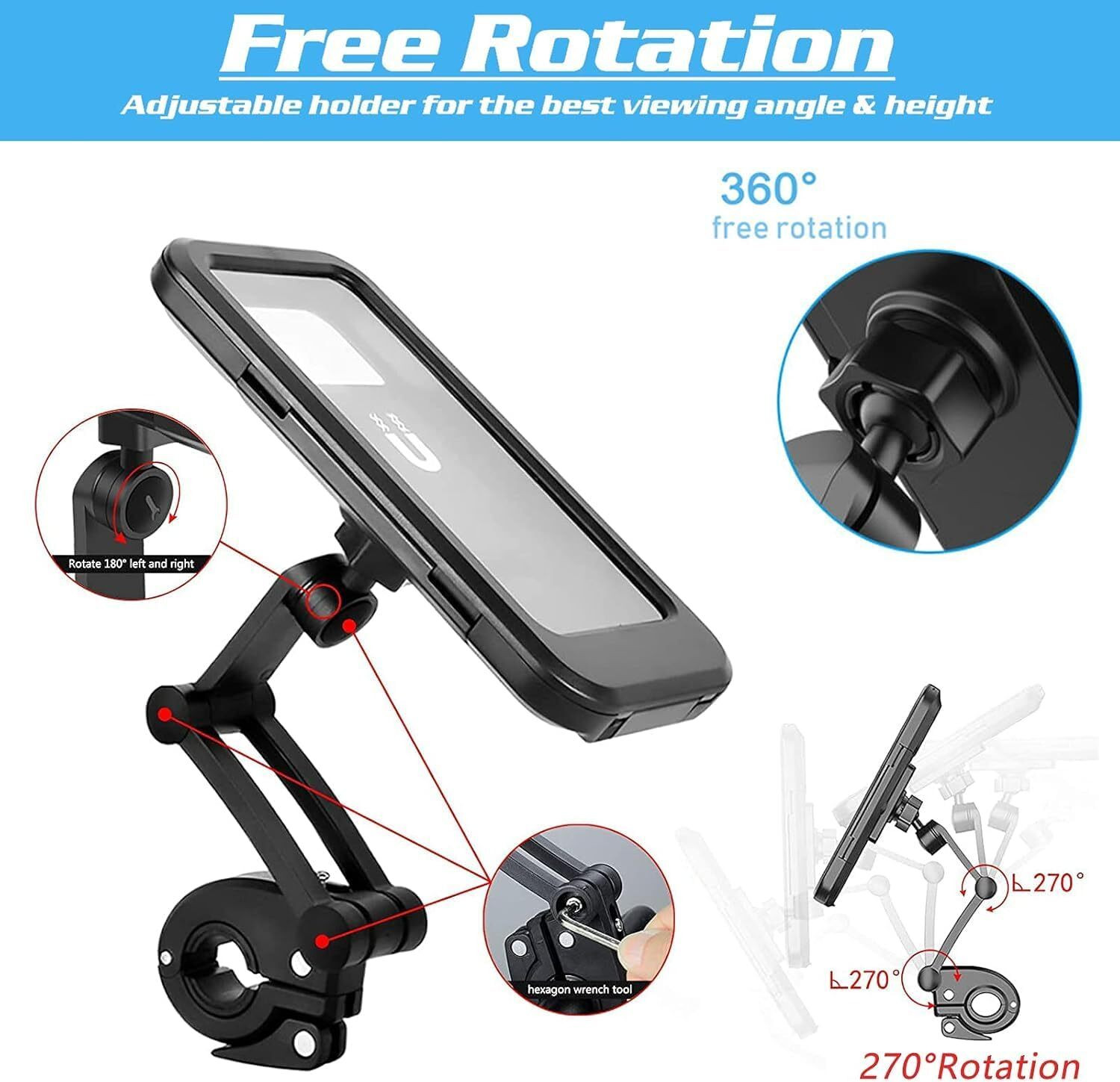 Image of YESRUER Bike Phone Mount - Waterproof Motorcycle & Bicycle Handlebar Phone Holder 360 Bike Mobile Holder (Black)
