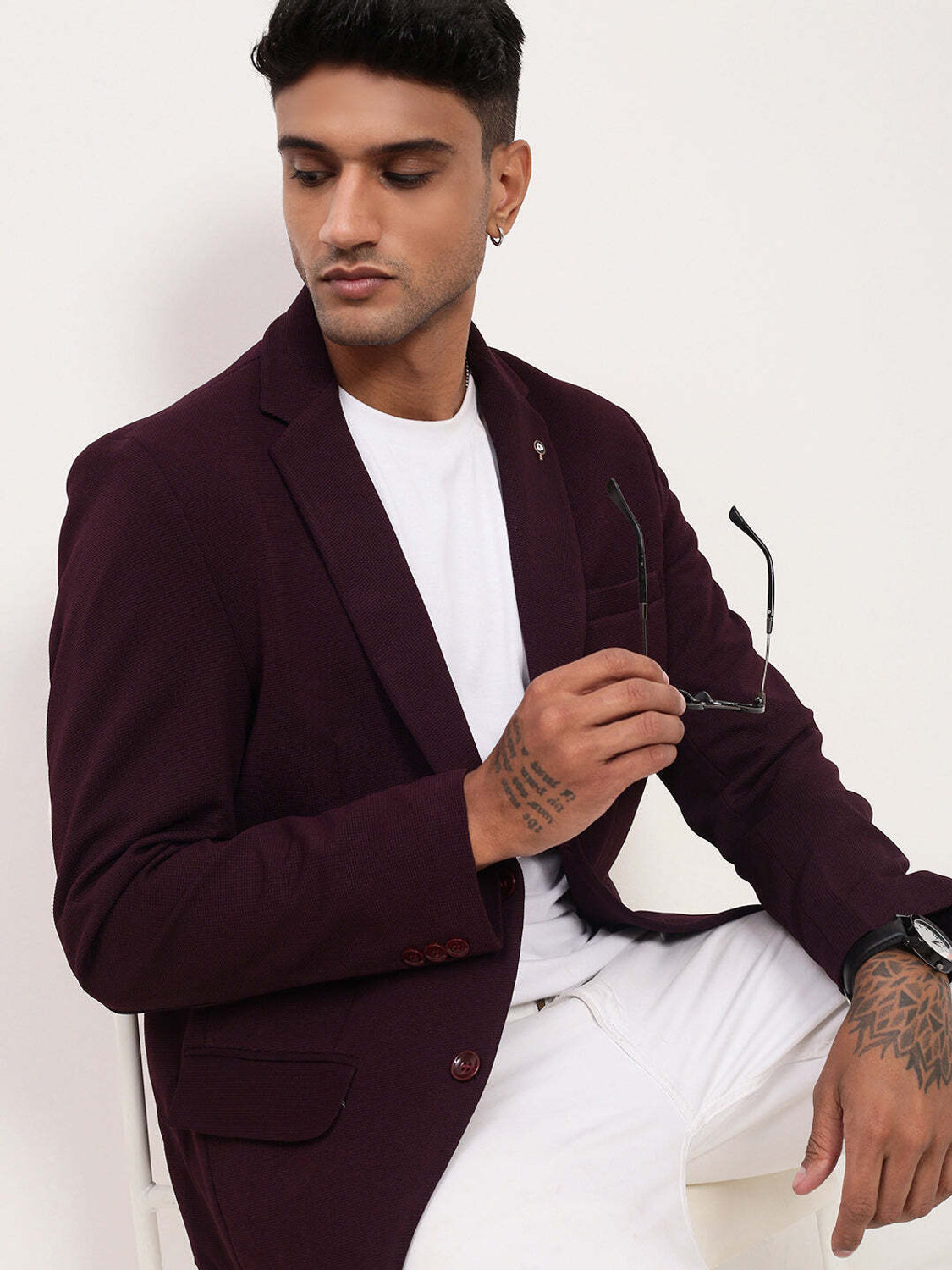 Image of Raymond Men Checkered Single Breasted Casual Blazer (Purple)