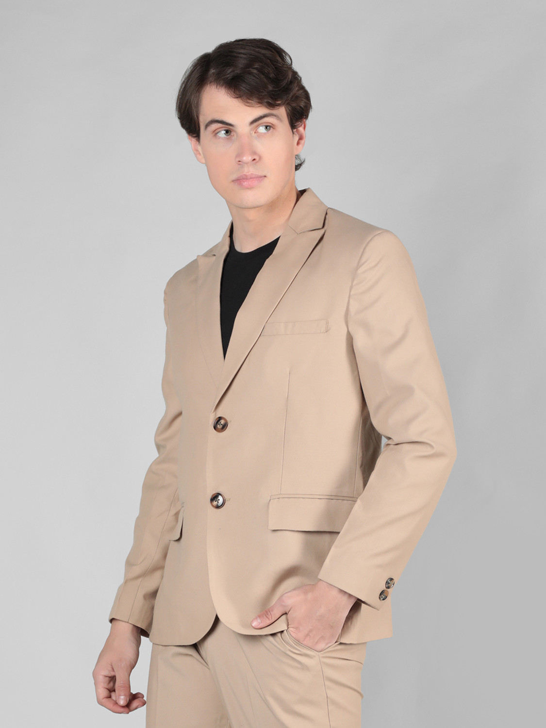 Image of CHKOKKO Men Solid Single Breasted Casual Blazer (Beige)