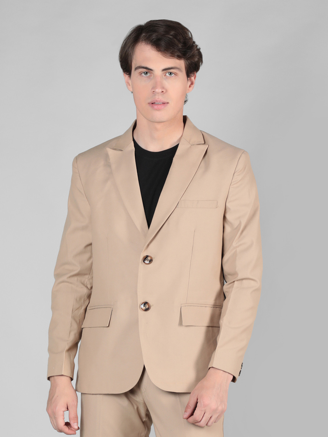 Image of CHKOKKO Men Solid Single Breasted Casual Blazer (Beige)