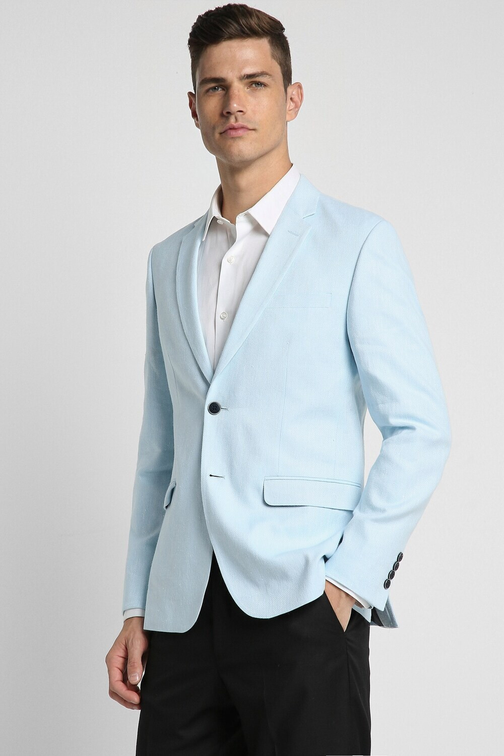 Image of PETER ENGLAND Men Solid Single Breasted Formal Blazer (Blue)