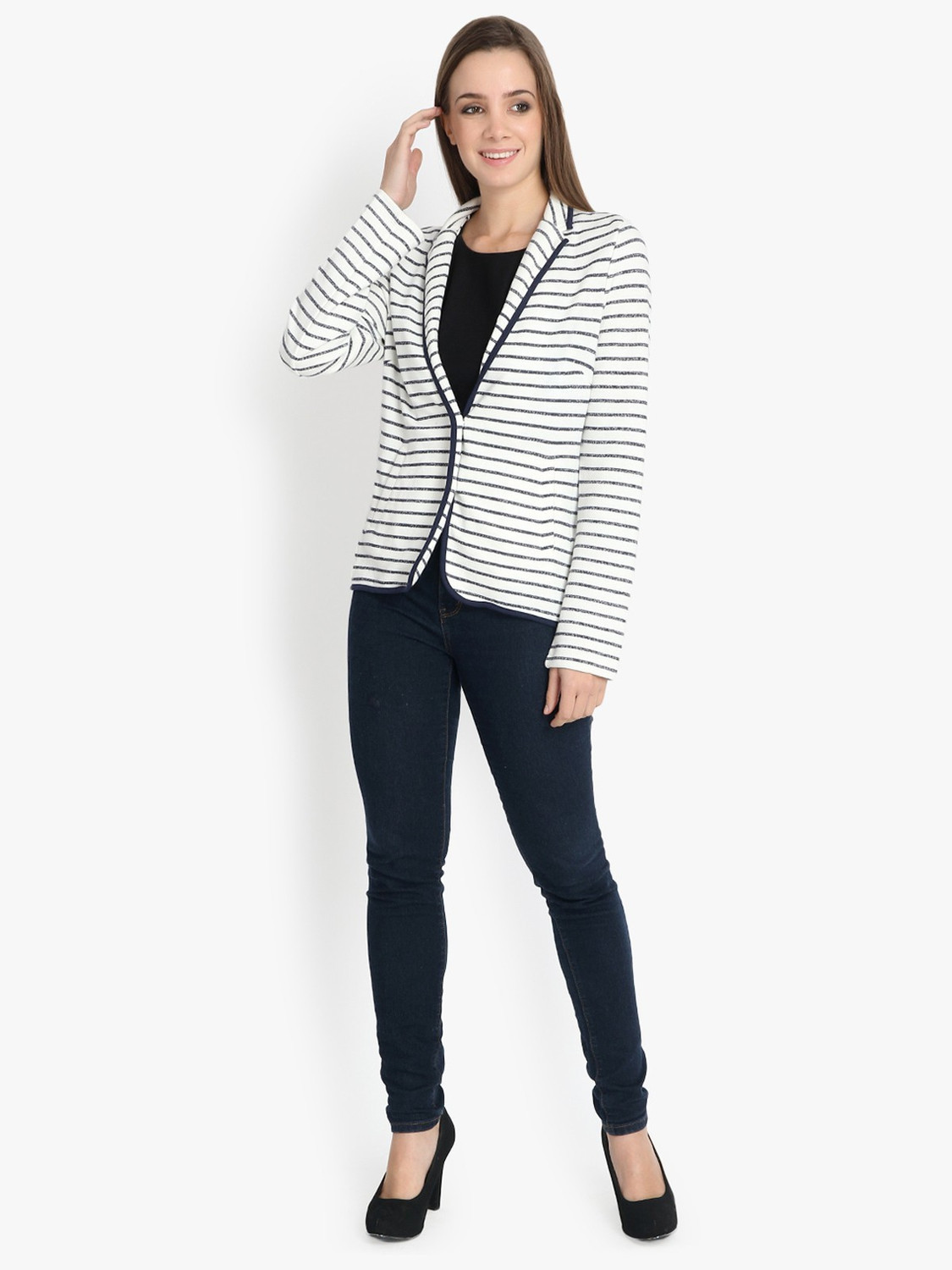 Image of KOTTY Women Striped Single Breasted Casual Blazer (White)