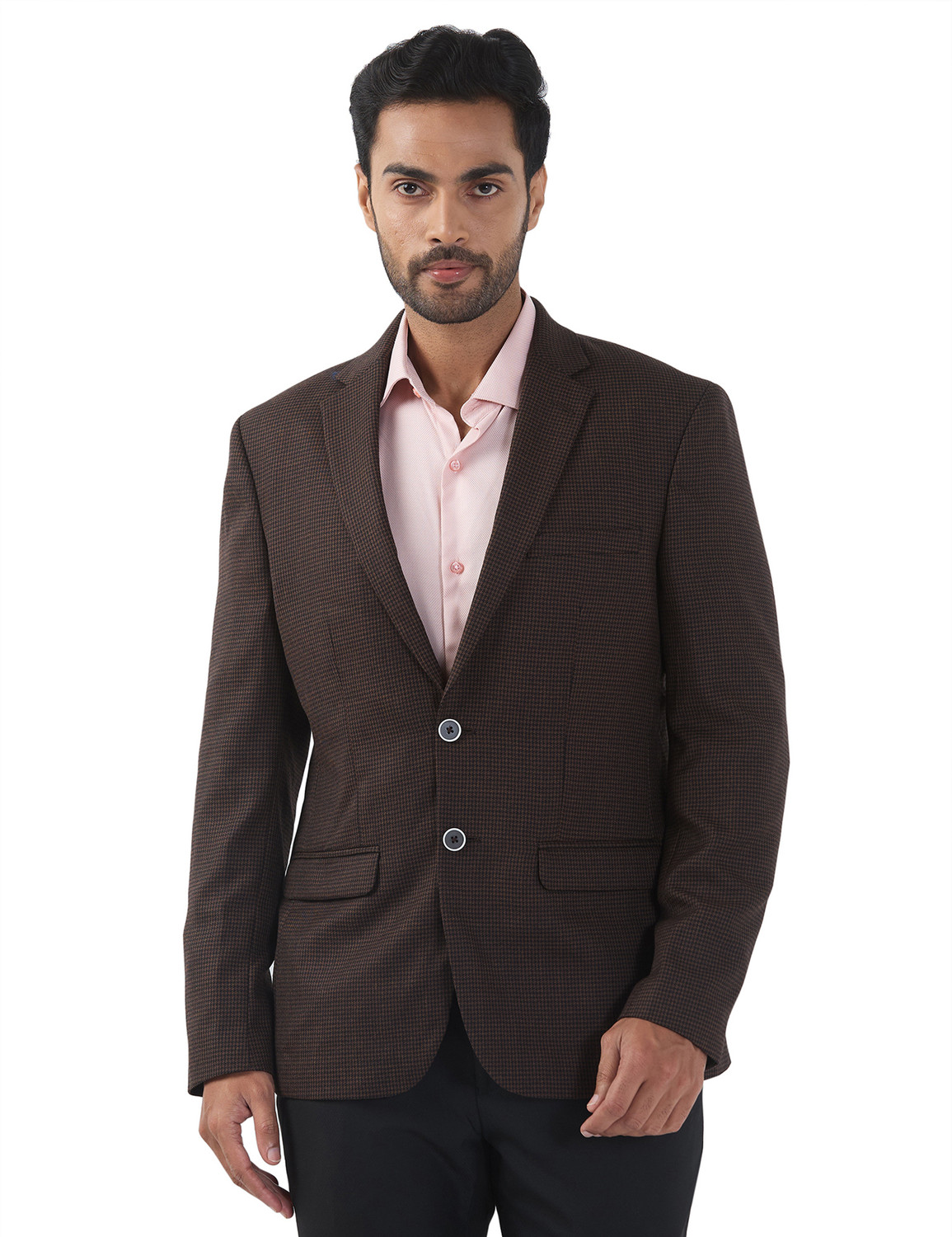 Image of PETER ENGLAND Men Checkered Single Breasted Formal Blazer (Brown)