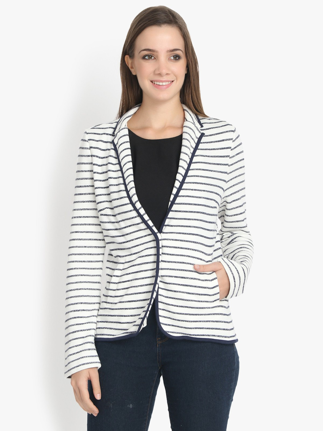 Image of KOTTY Women Striped Single Breasted Casual Blazer (White)