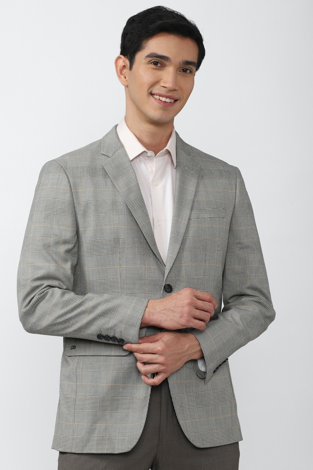 Image of PETER ENGLAND Men Checkered Single Breasted Party Blazer (Grey)