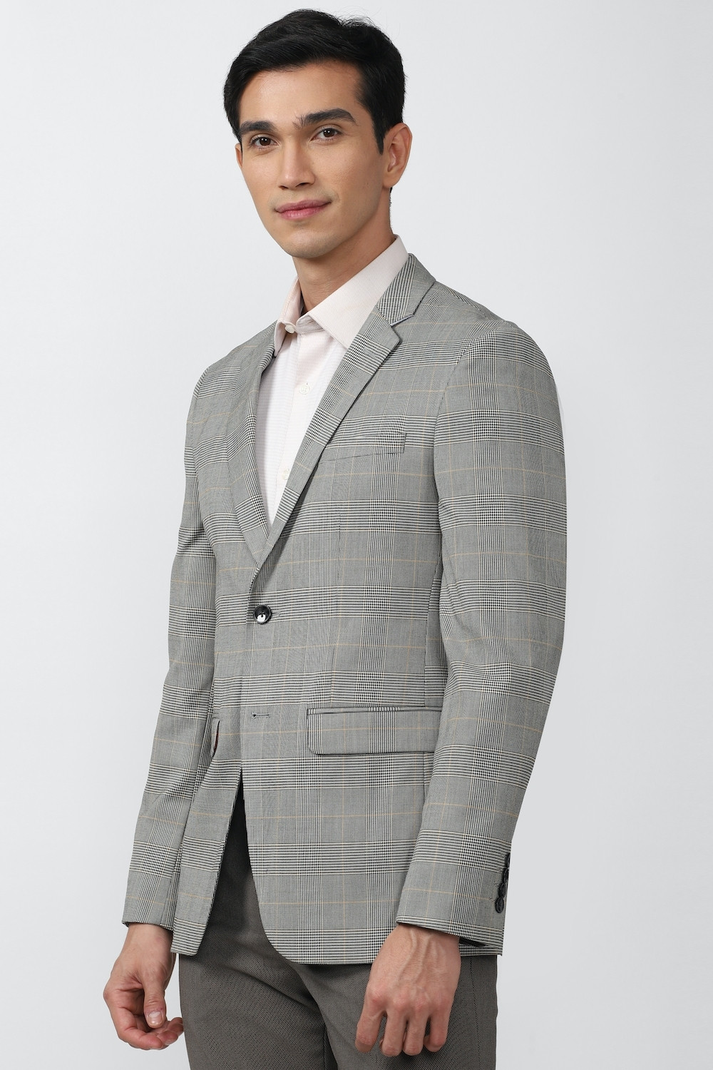Image of PETER ENGLAND Men Checkered Single Breasted Party Blazer (Grey)