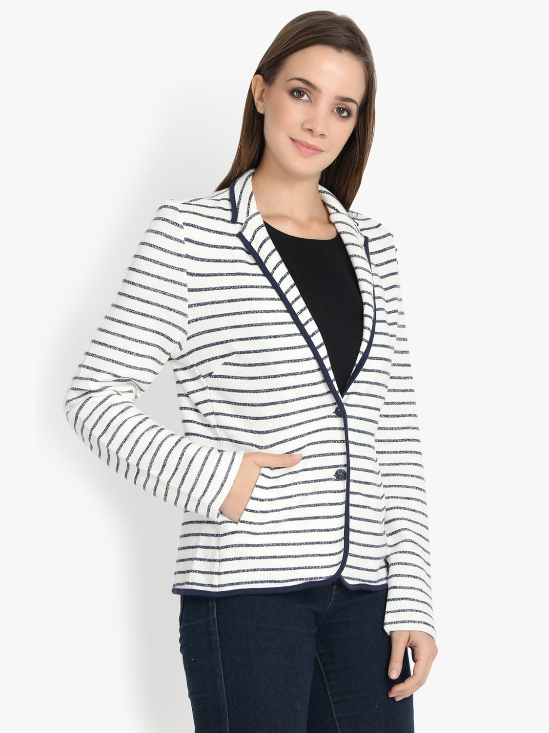 Image of KOTTY Women Striped Single Breasted Casual Blazer (White)