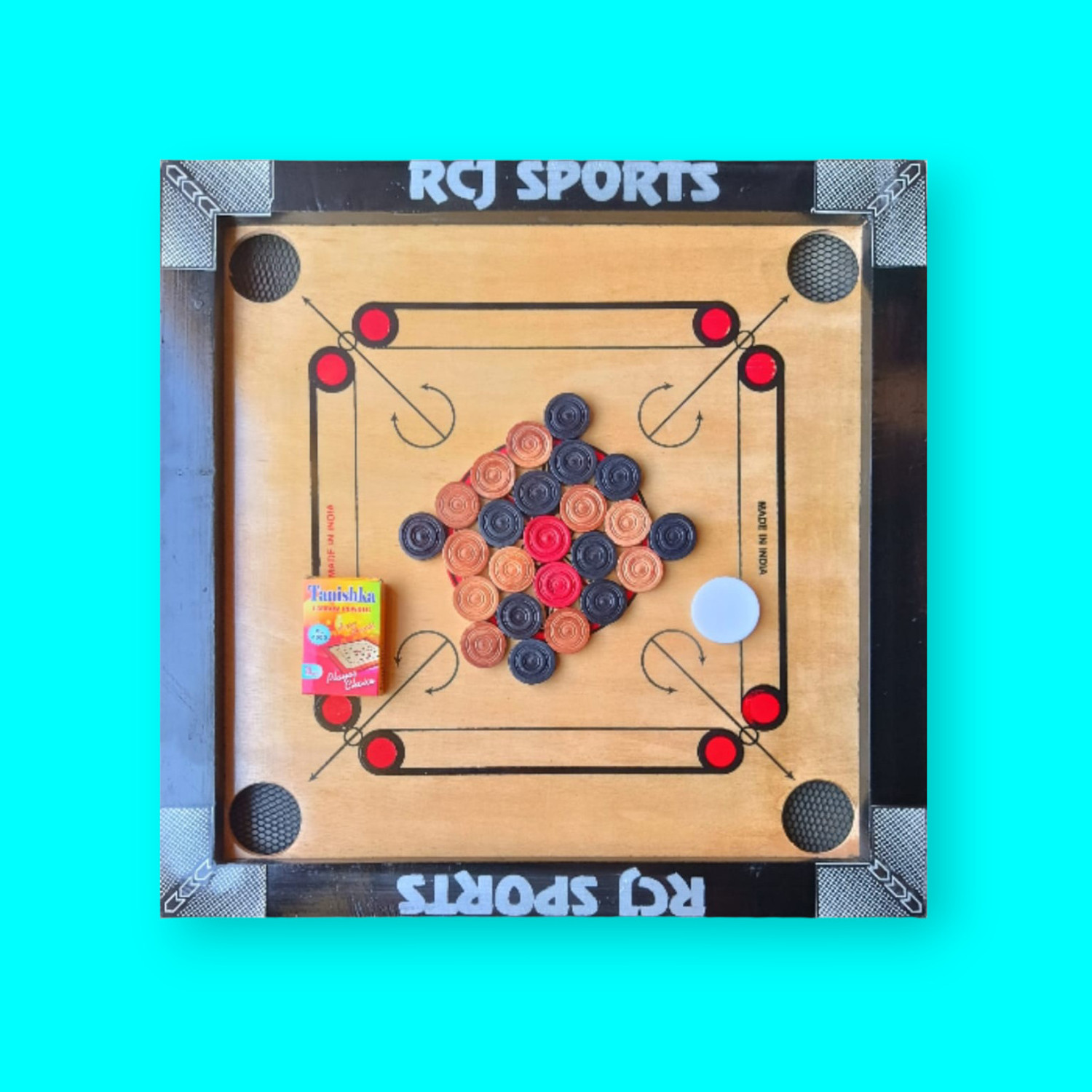 Image of RCJ CARROM BOARD 20 INCH,24 PCS. WOODEN COIN,POWDER & STRICKER.a11 Carrom Board Game