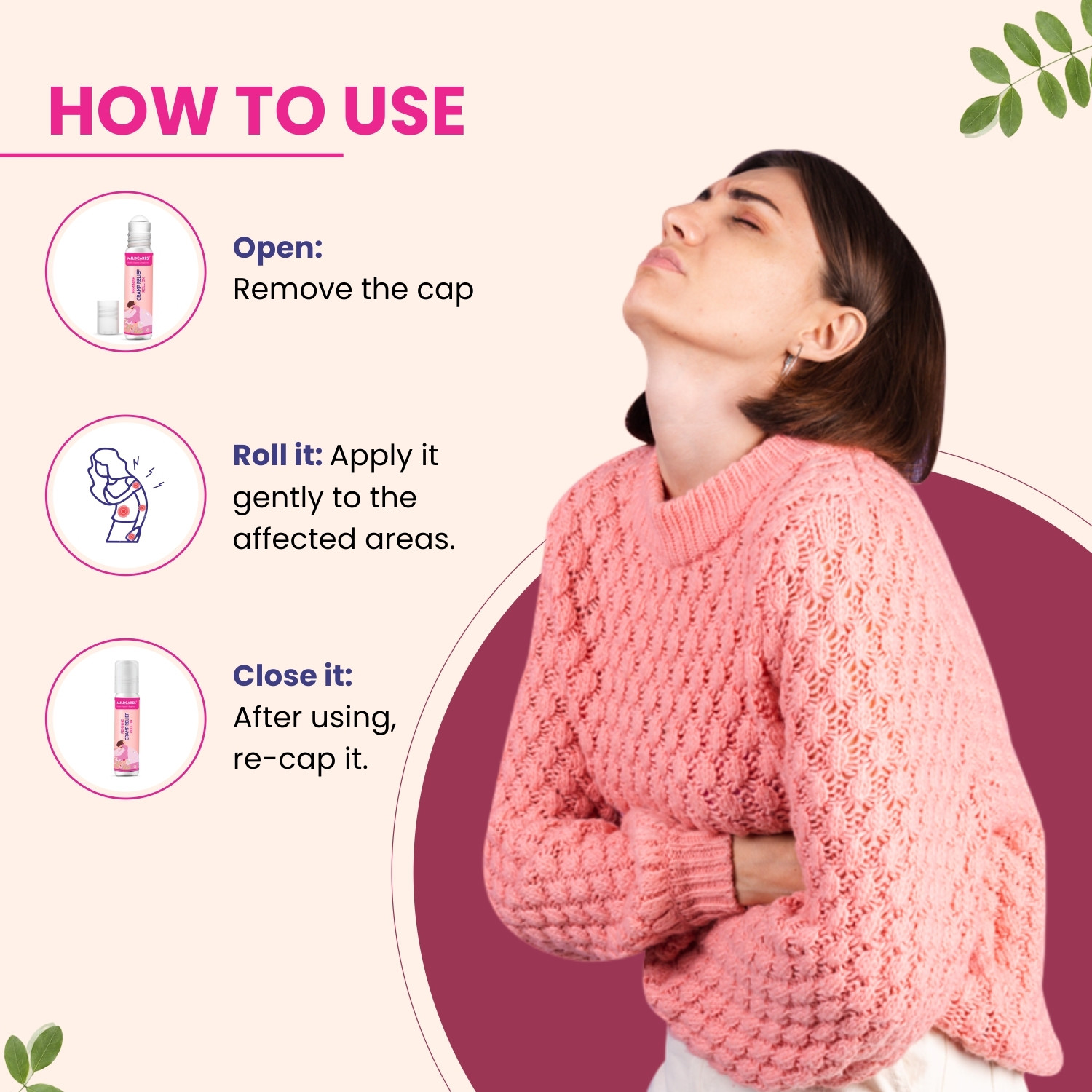 Image of MILDCARES Neck & Shoulder Massager with Heat + Cramp Relief Roll-On (10ml) | Rechargeable Shiatsu Pain Relief Combo for Cervical, Muscle & Period Cramps Stress Relaxation Massager (Beige & Pink)