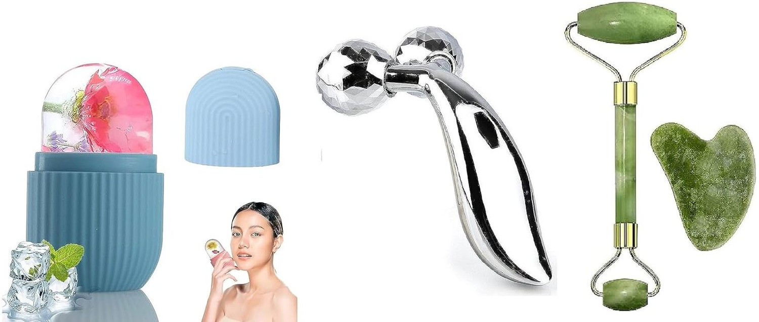 Image of GAURINANDAN 3D Face Body Massager With Ice Roller And Jade Stone Roller With Gua Sha Tools. (100 g)