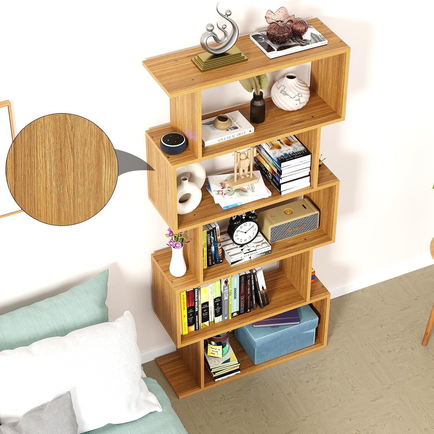 Image of FORKTAIL MR-002 Light Oak 5-Layer Ladder Bookshelf Engineered Wood Open Book Shelf (Finish Color - light oak, DIY(Do-It-Yourself))
