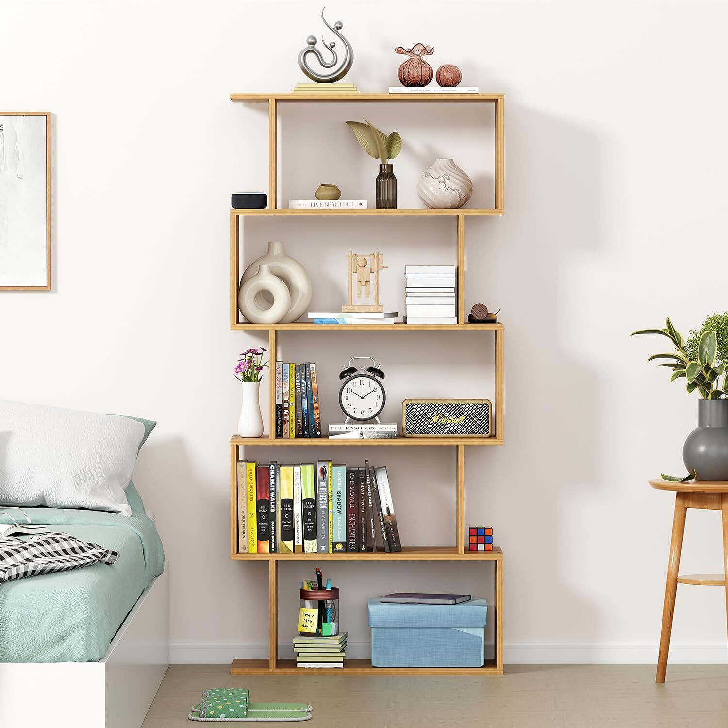Image of FORKTAIL MR-002 Light Oak 5-Layer Ladder Bookshelf Engineered Wood Open Book Shelf (Finish Color - light oak, DIY(Do-It-Yourself))
