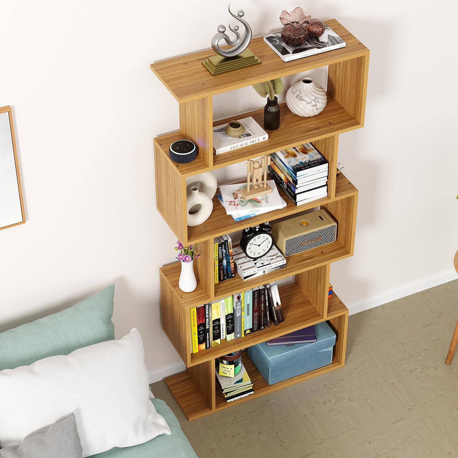 Image of FORKTAIL MR-002 Light Oak 5-Layer Ladder Bookshelf Engineered Wood Open Book Shelf (Finish Color - light oak, DIY(Do-It-Yourself))