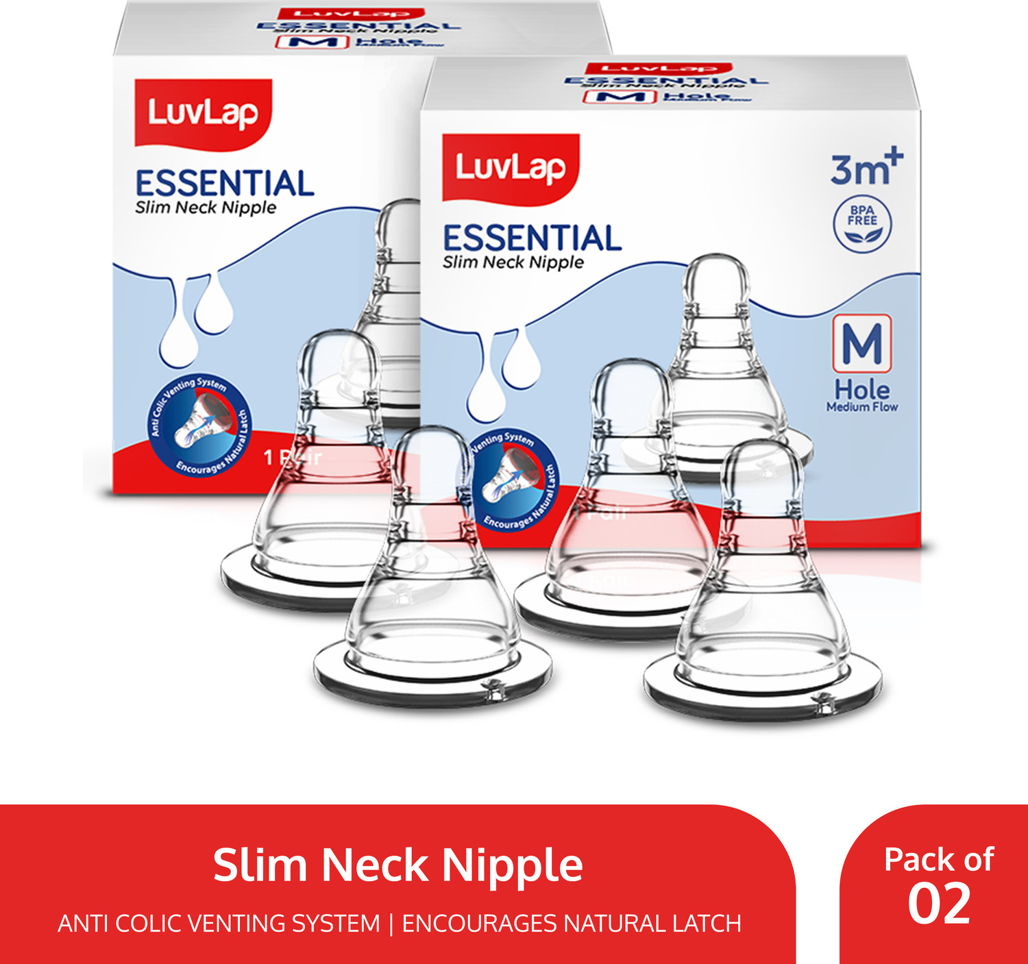 Image of LuvLap Anti-Colic Essential Teat /Nipple for Slim /Regular Neck Bottle, 0m+ Slow Flow Nipple (Pack of 4 Nipples)