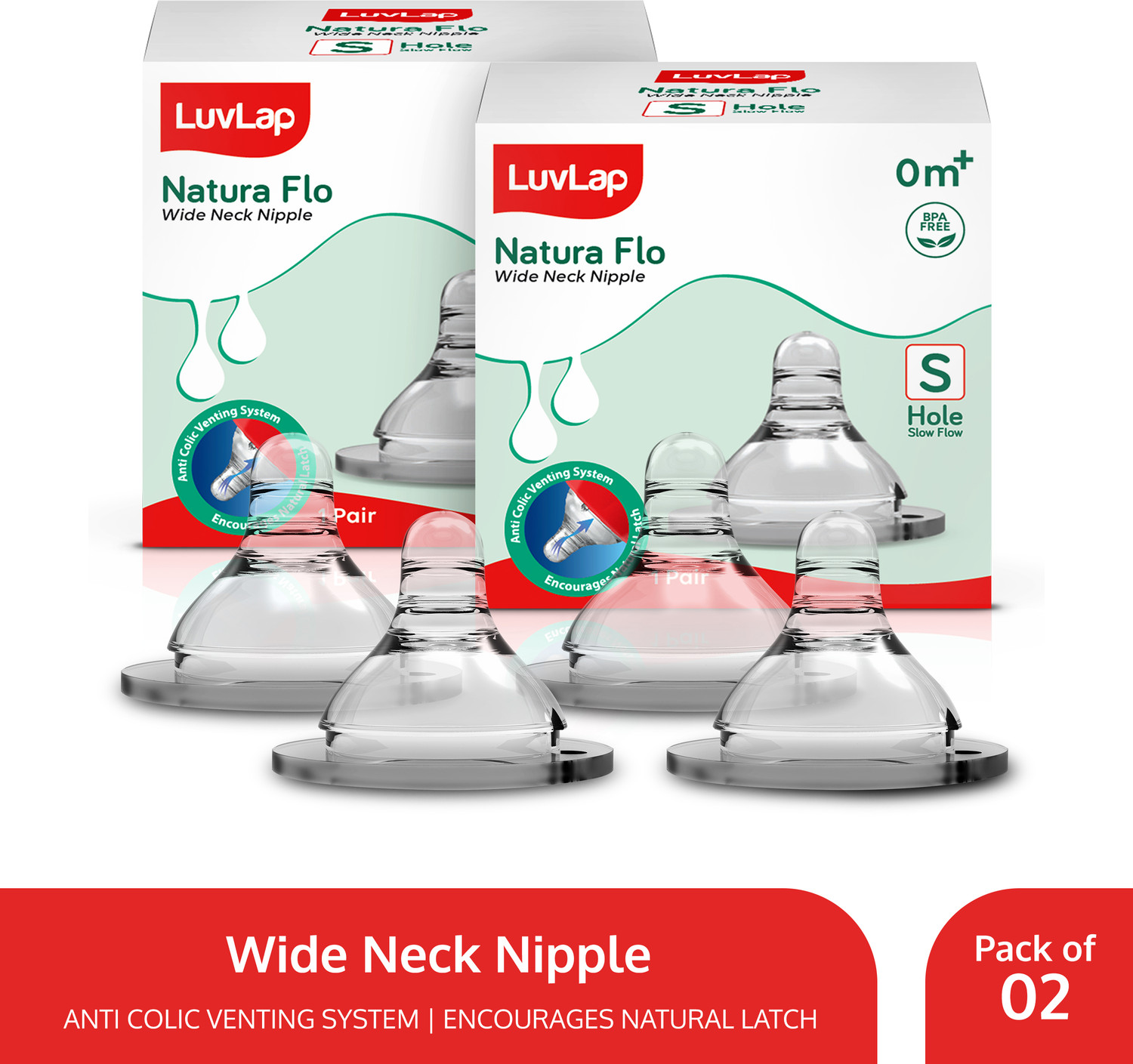 Image of LuvLap Anti-Colic Essential Teat /Nipple for Slim /Regular Neck Bottle, 0m+ Slow Flow Nipple (Pack of 4 Nipples)