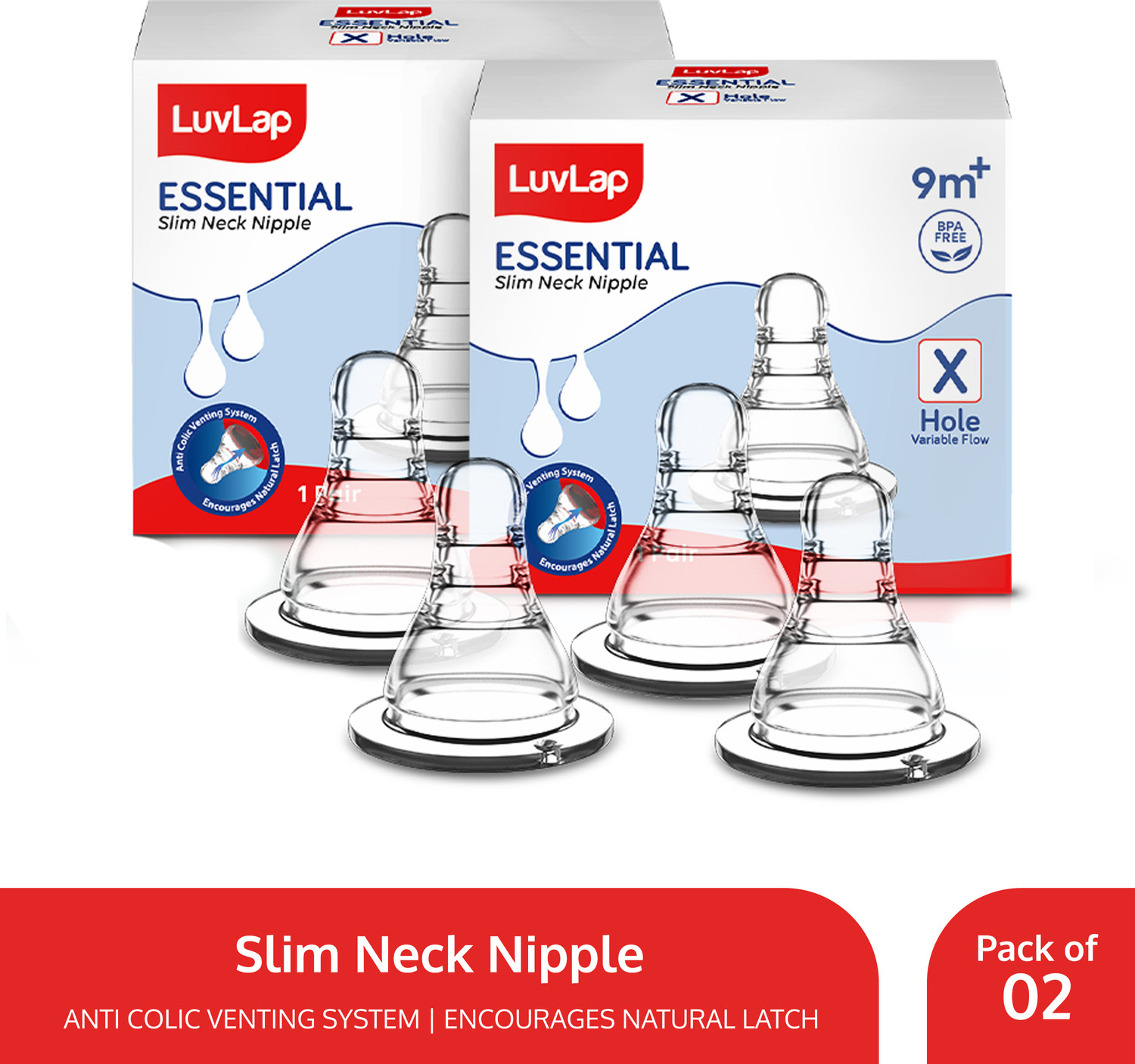 Image of LuvLap Anti-Colic Essential Teat /Nipple for Slim /Regular Neck Bottle, 0m+ Slow Flow Nipple (Pack of 4 Nipples)