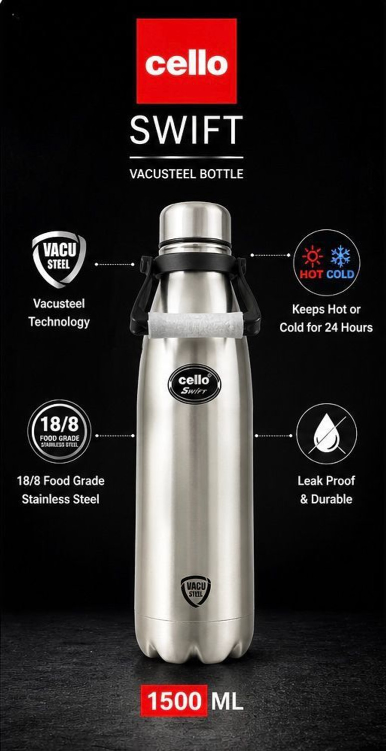 Image of Cello Silver Bottle Swift 1500 ml Stainless Steel Flask (Pack of 1, Steel /Chrome)