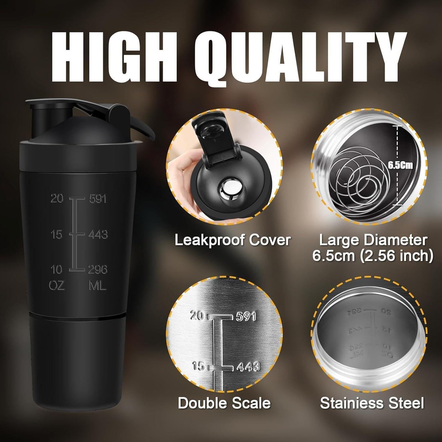 Image of MozFit Black Protein Shaker Bottle with Detachable Storage for Powder Leak-Proof Design 750 ml Stainless Steel Shaker (Pack of 1, Black)