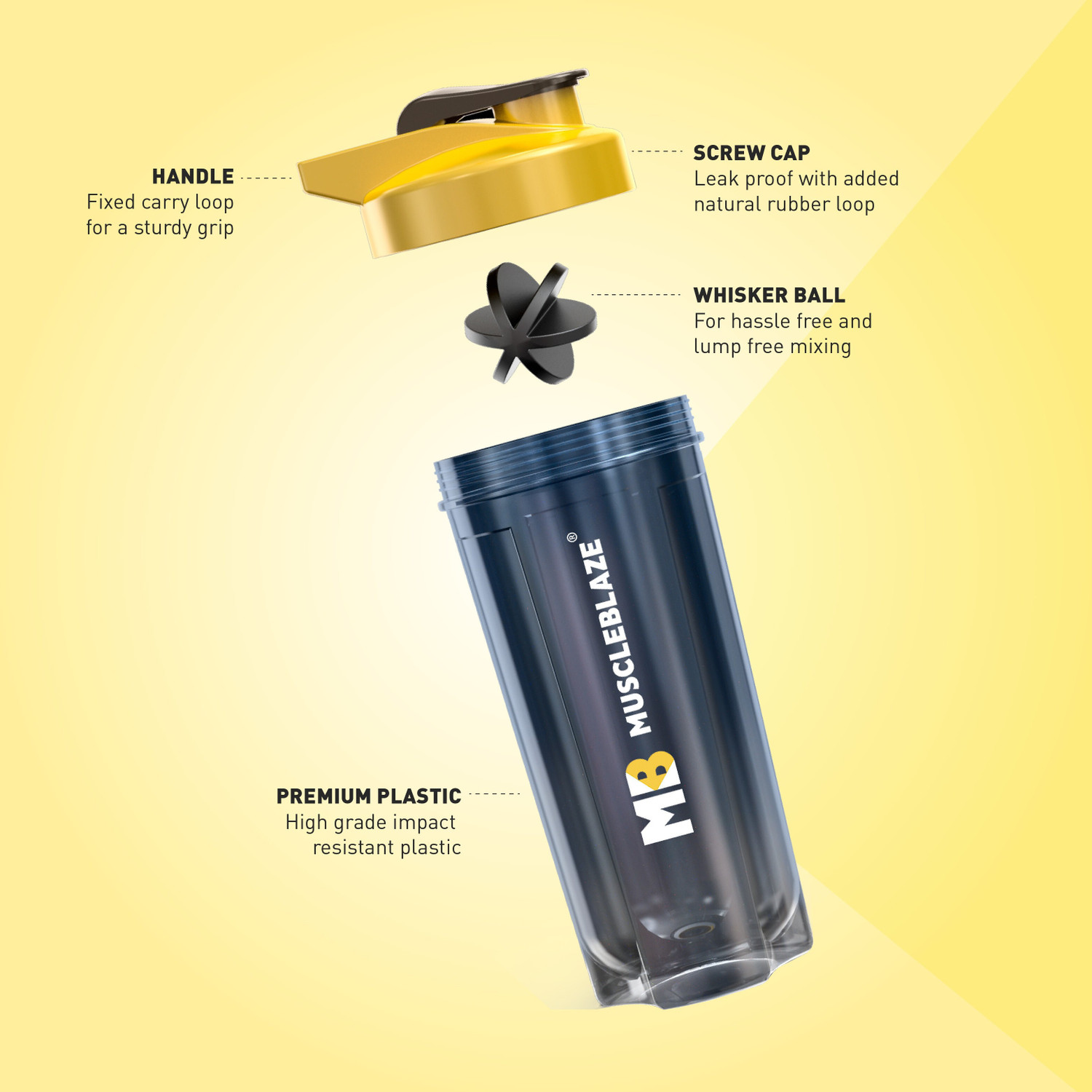 Image of MUSCLEBLAZE Protein Shaker Bottle, BPA-Free Sipper Bottle, Yellow & Black 750 ml Plastic Shaker (Pack of 1, Yellow)