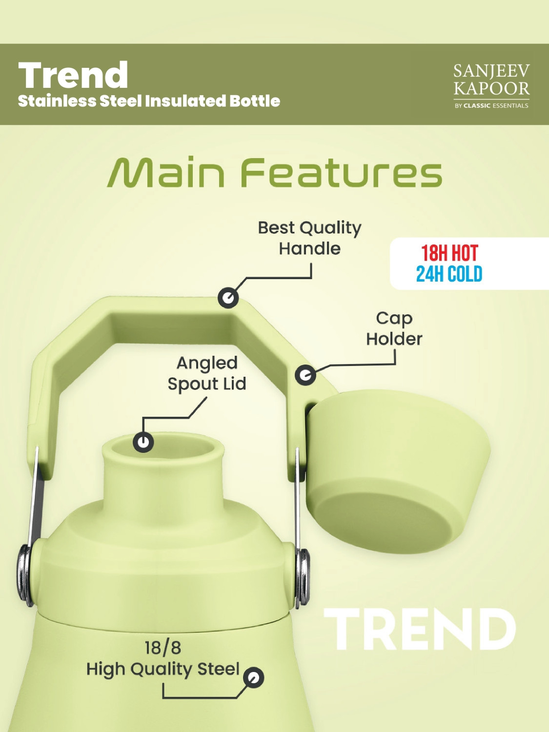 Image of Sanjeev Kapoor By Classic Essentials Stainless Steel Hot & Cold Vacuum Insulated with Handle 1000 ml Steel Flask (Pack of 1, Green)