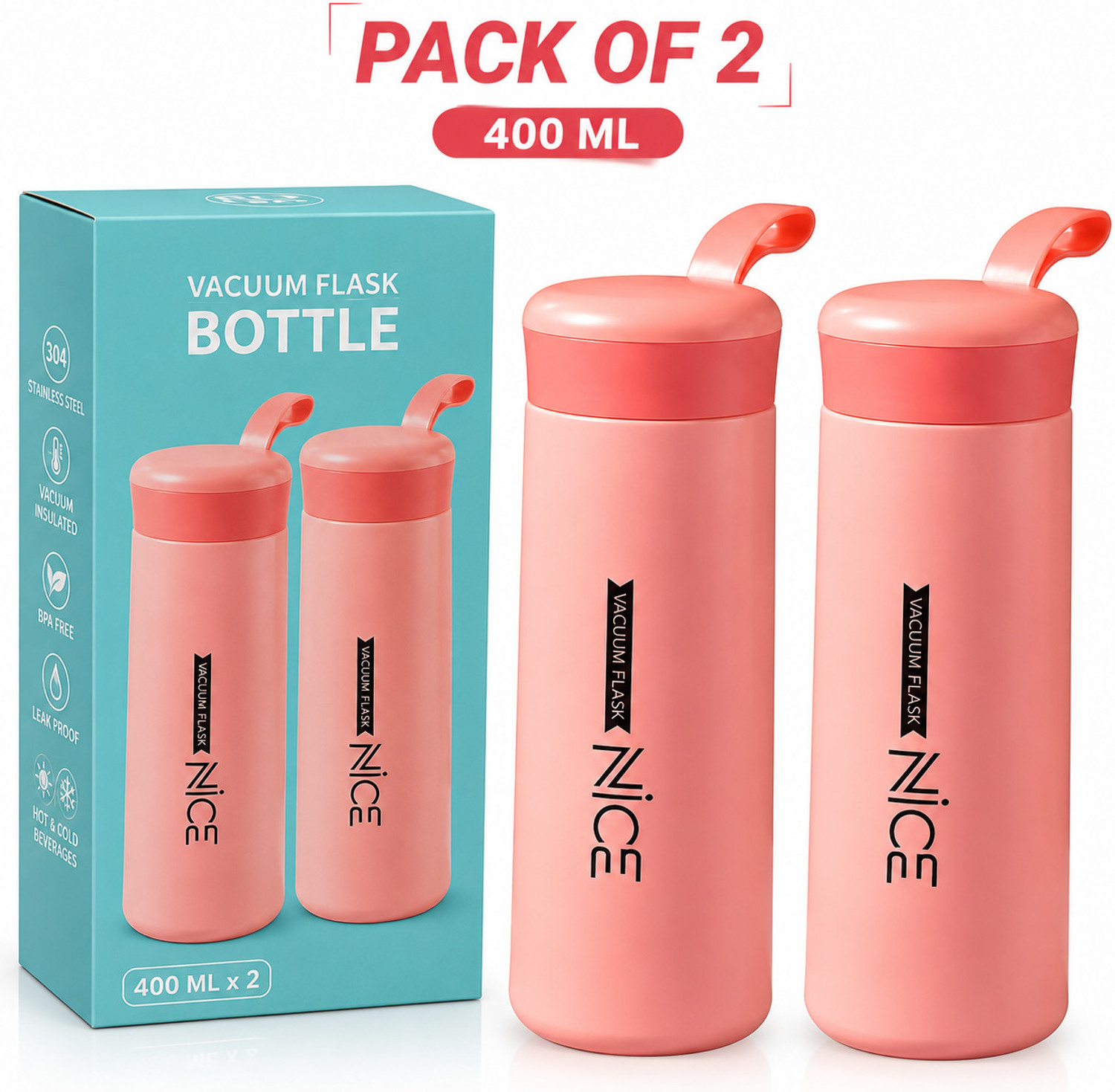 Image of Triffy Portable Insulated Water Flask 400 ML 400 ml Plastic Flask (Pack of 2, Pink)