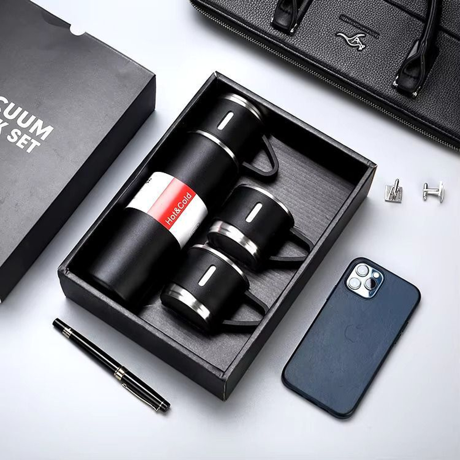 Image of Provo Stainless Steel Vacuum Flask Set with 3 Steel Cups 500 ml Steel Flask (Pack of 1, Black)
