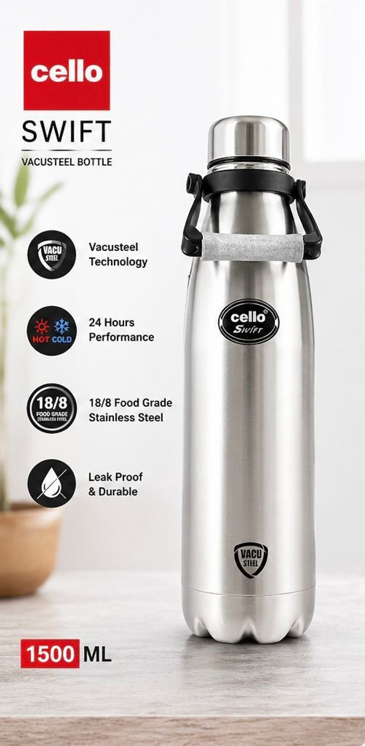Image of Cello Silver Bottle Swift 1500 ml Stainless Steel Flask (Pack of 1, Steel /Chrome)