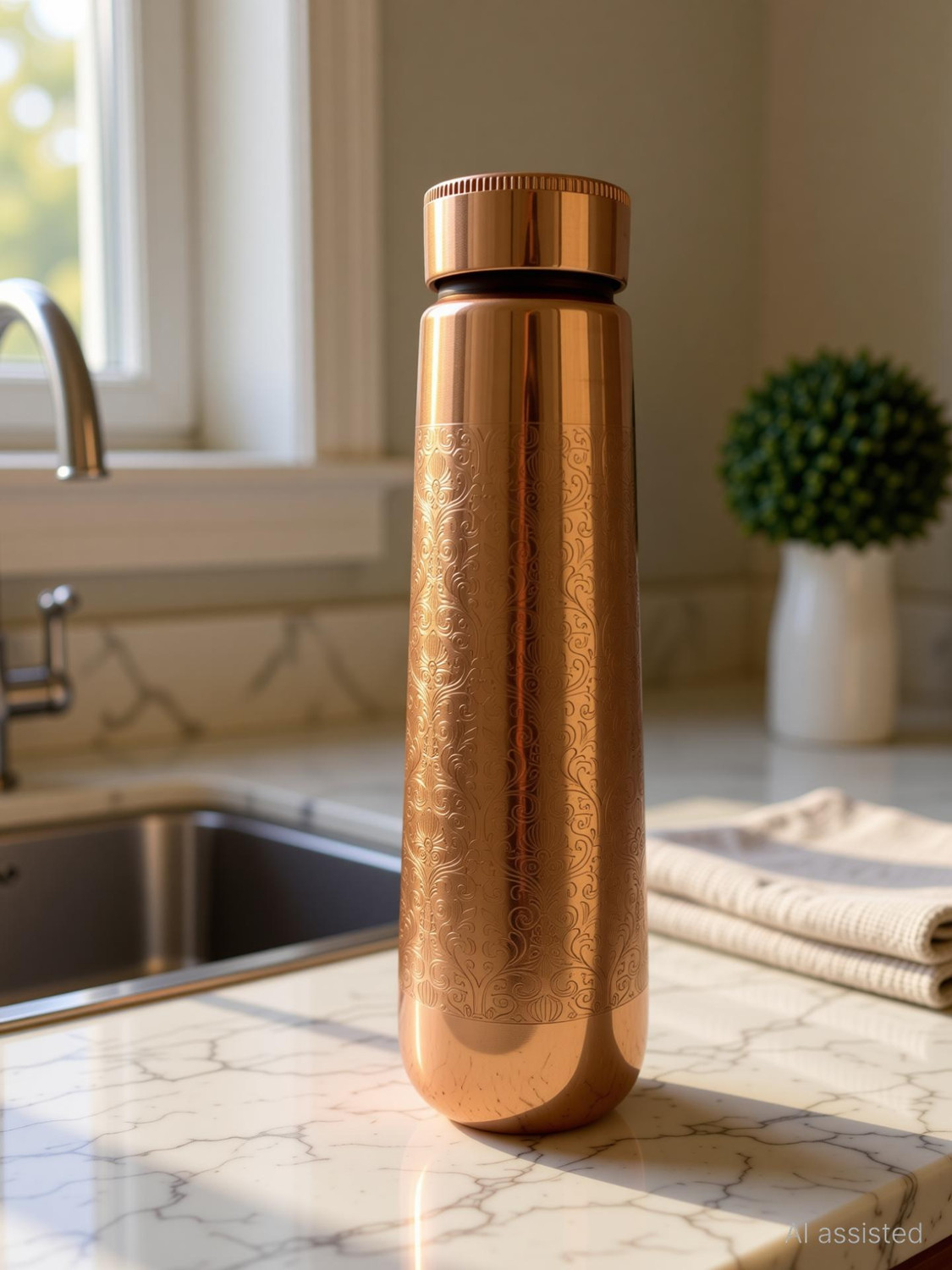 Image of THE ROYAL TEAK Antique plain copper bottle 950 ml Copper Bottle (Pack of 1, Copper)