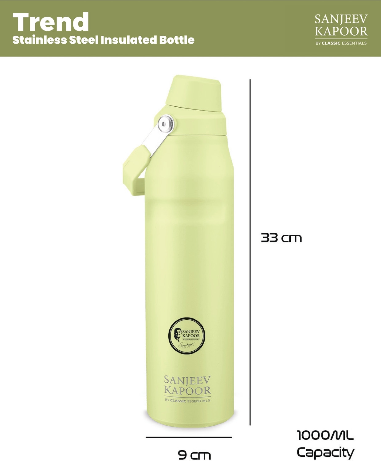 Image of Sanjeev Kapoor By Classic Essentials Stainless Steel Hot & Cold Vacuum Insulated with Handle 1000 ml Steel Flask (Pack of 1, Green)